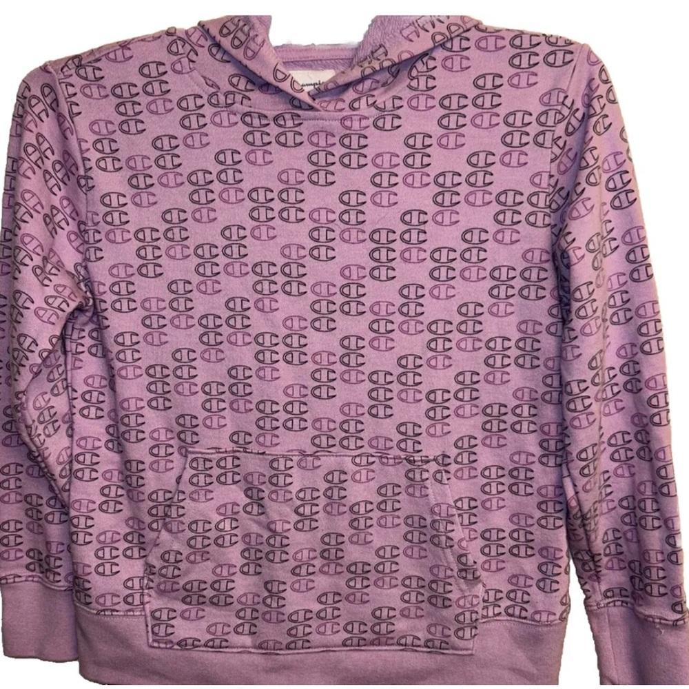 Champion Logo hoodie Girls Pullover Purple all over logo Size 10/12